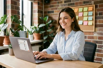 Employée d'une PME utilisant un logiciel de livechat sur son ordinateur portable dans un bureau moderne et chaleureux