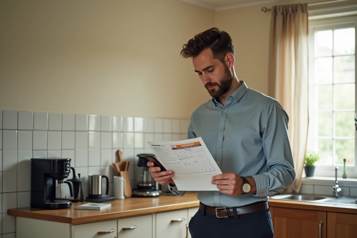 Nouvel enseignant vérifiant les dates de paiement de son salaire sur smartphone à la maison