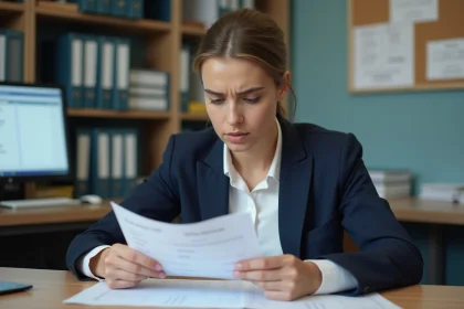 Jeune enseignante consultant ses fiches de paie dans un bureau administratif d'école nationale en France