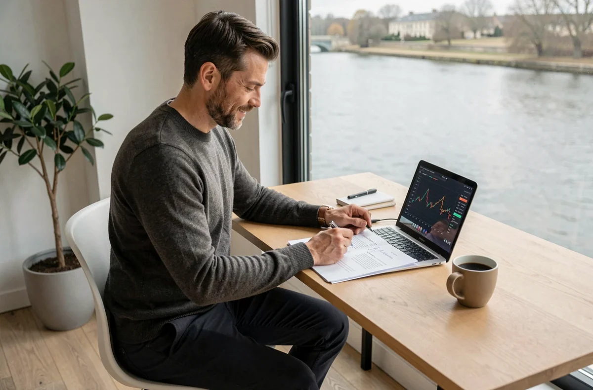Entrepreneur consultant analysant un business plan pour une start-up à Nantes avec vue sur la Loire