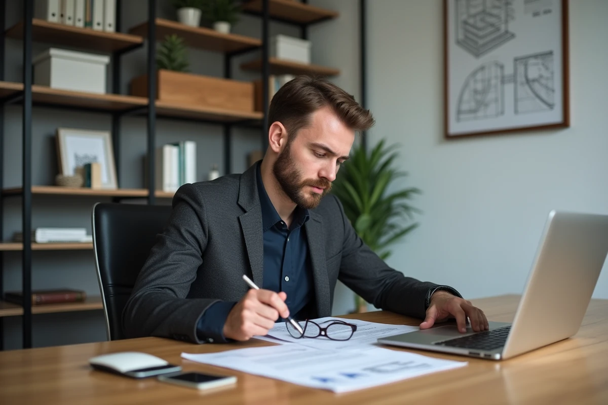 Entrepreneur analysant une proposition de partenariat stratégique sur son bureau dans un bureau privé épuré