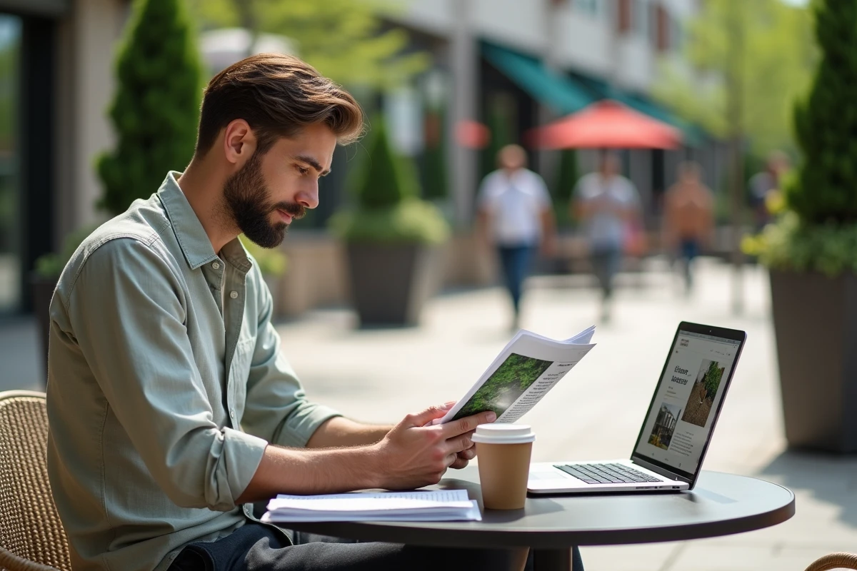 Entrepreneur en espaces verts analysant ses outils marketing à une terrasse de café en milieu urbain
