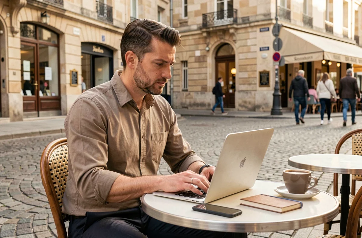 Entrepreneur indépendant travaillant depuis une terrasse de café en région française, représentant les professionnels connectés hors de Paris