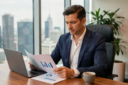 Entrepreneur masculin en costume marine analysant des rapports de performance dans un bureau moderne avec vue urbaine, illustrant le leadership et la stratégie digitale