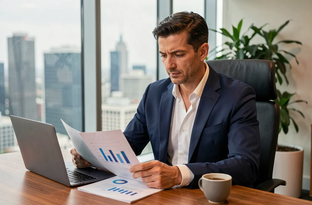Entrepreneur masculin en costume marine analysant des rapports de performance dans un bureau moderne avec vue urbaine, illustrant le leadership et la stratégie digitale
