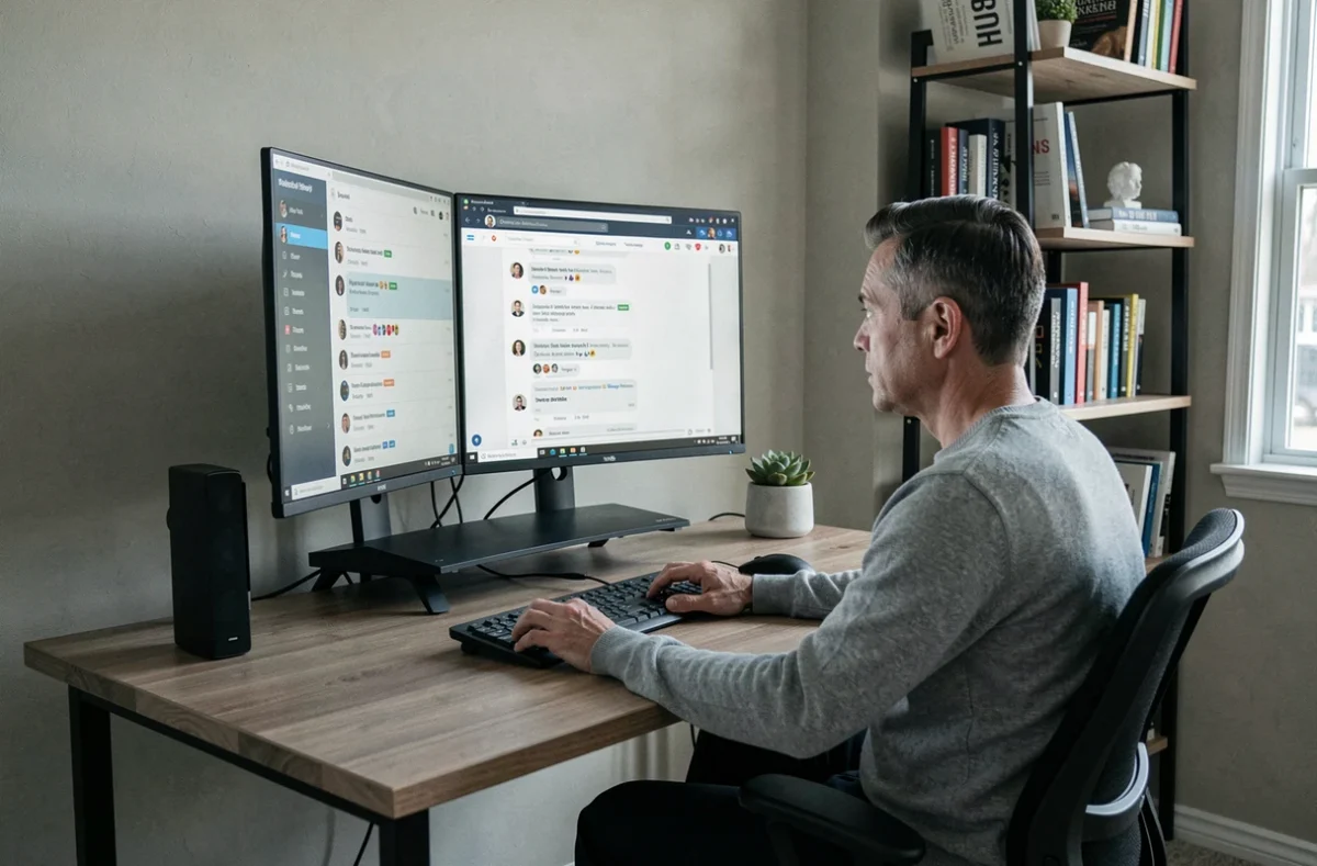 Entrepreneur en télétravail gérant plusieurs conversations de support client en temps réel via un outil de chat en ligne