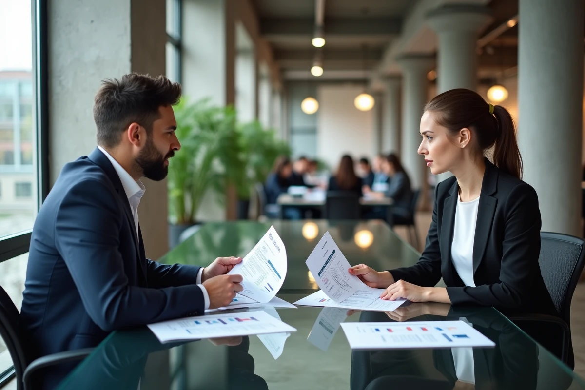 Deux entrepreneurs comparant les statuts juridiques de micro-entreprise et d'auto-entrepreneur dans un espace de co-working