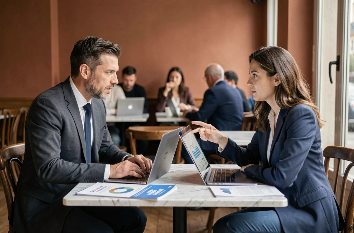 Deux entrepreneurs en discussion stratégique autour d'un guide de tarification digitale dans un café parisien haut de gamme, illustrant la collaboration et le leadership entrepreneurial