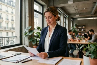 Entrepreneuse parisienne travaillant dans un espace de co-working moderne, illustrant les services aux entrepreneurs en Île-de-France