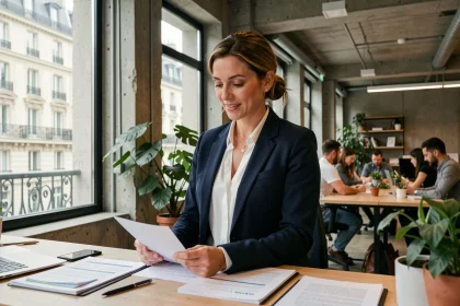Entrepreneuse parisienne travaillant dans un espace de co-working moderne, illustrant les services aux entrepreneurs en Île-de-France