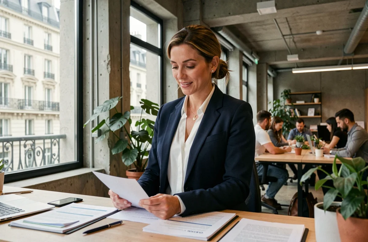 Entrepreneuse parisienne travaillant dans un espace de co-working moderne, illustrant les services aux entrepreneurs en Île-de-France