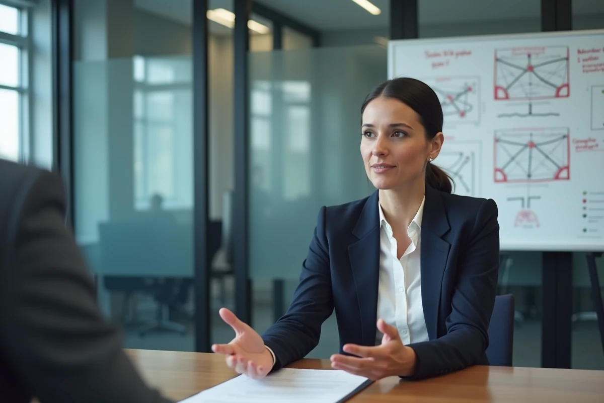Femme en entretien d'embauche pour un poste en cybersécurité dans un bureau moderne avec des schémas réseau en arrière-plan