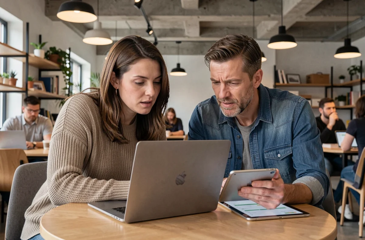 Deux collègues analysant ensemble des données de planification synchronisées en temps réel sur un laptop et une tablette dans un espace coworking