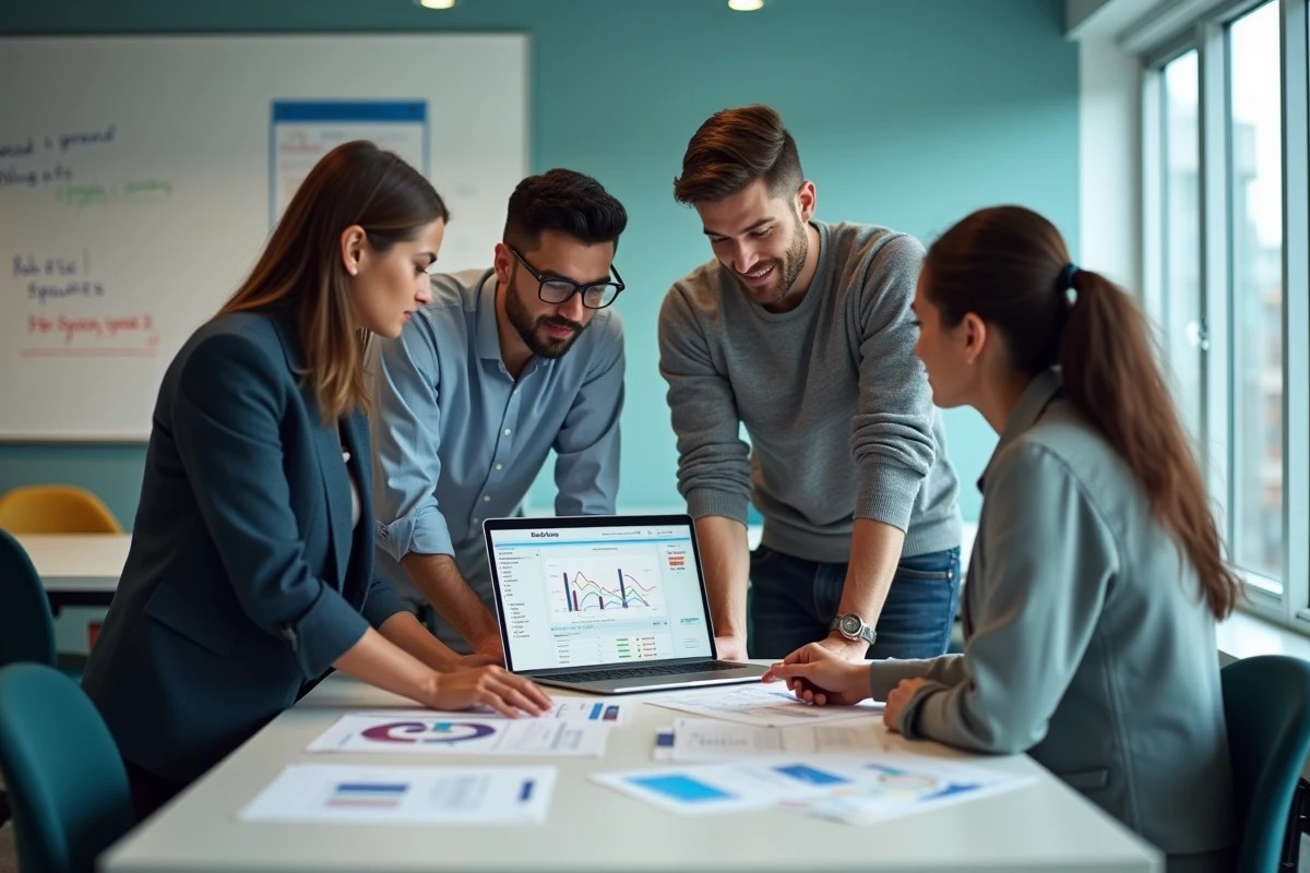 Équipe de collaborateurs analysant des données de réputation de marque autour d'un bureau en open space moderne, illustrant la gestion de l'e-réputation