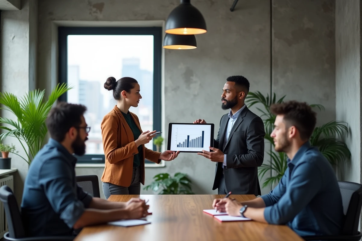 Équipe commerciale B2B en réunion debout analysant les résultats du cold calling face aux nouvelles stratégies digitales