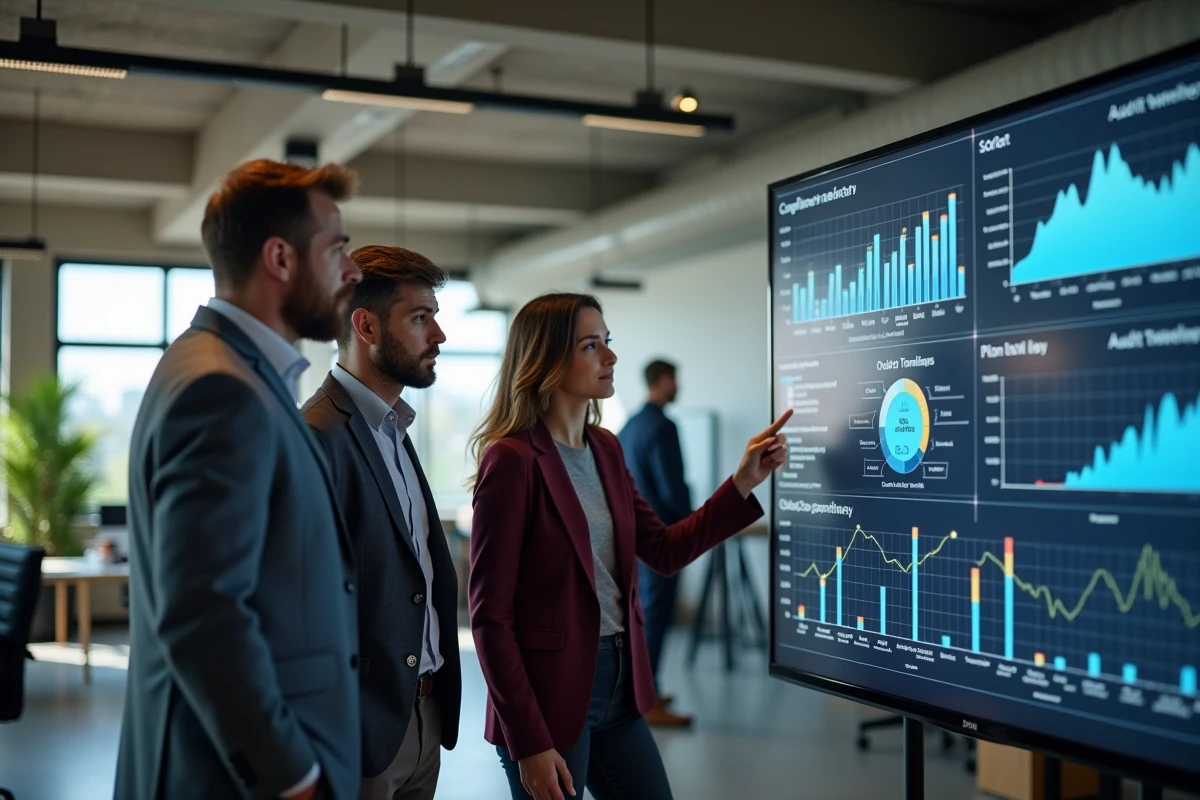 Équipe de professionnels collaborant autour d'un logiciel GRC sur écran interactif dans un bureau moderne