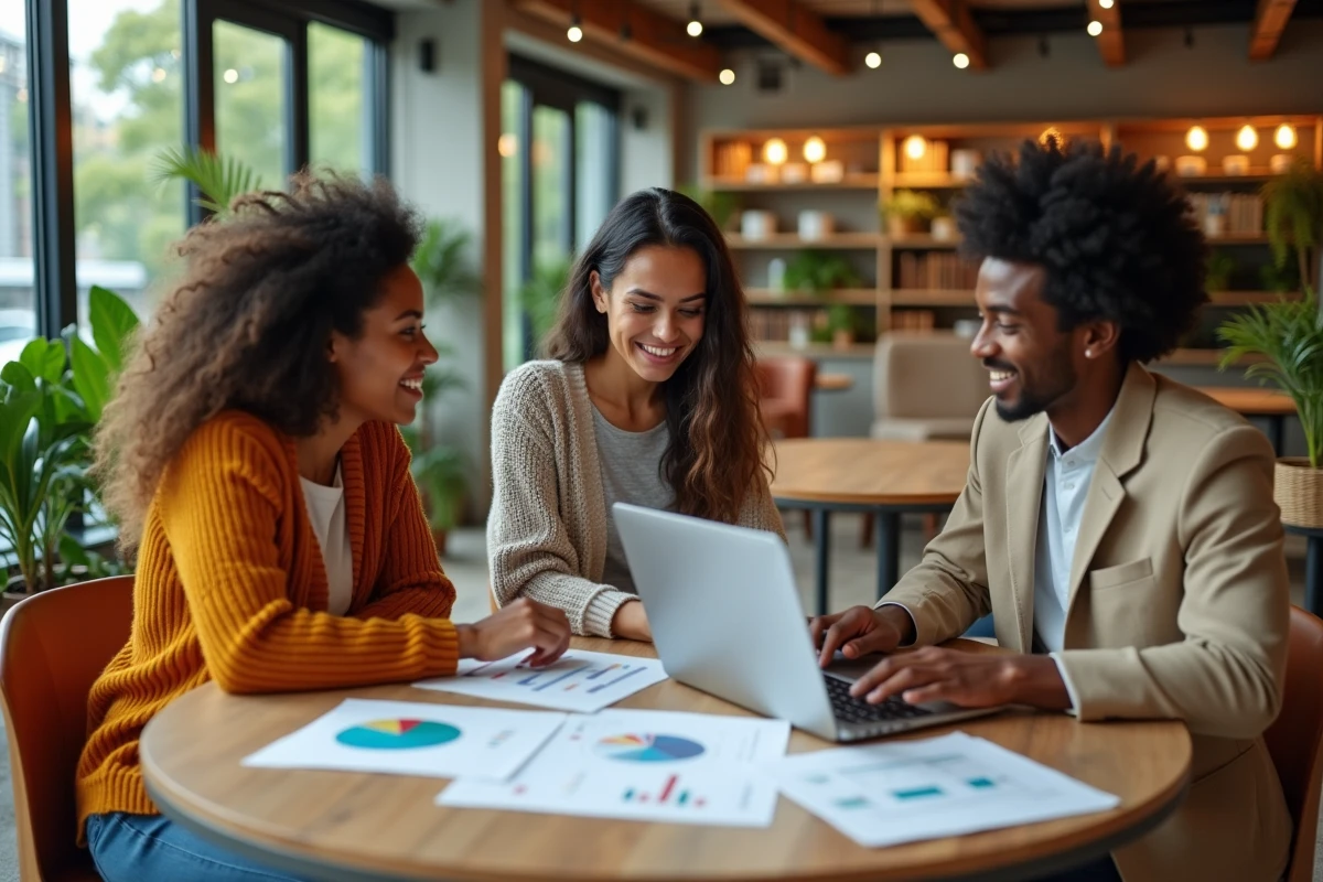 Équipe de professionnels collaborant sur une stratégie de développement durable dans un espace de travail écoresponsable