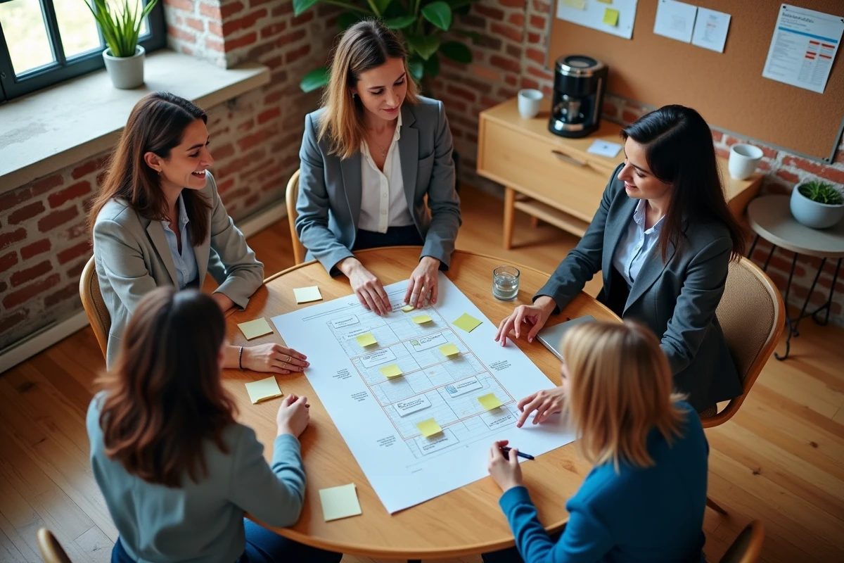 Équipe de managers qualité travaillant ensemble sur une cartographie de processus lors d'un atelier collaboratif
