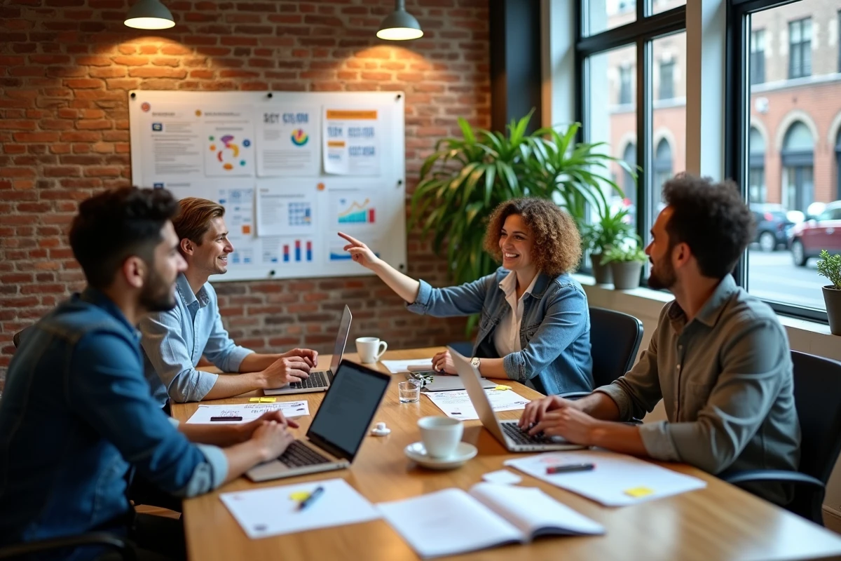 Équipe de professionnels du marketing en réunion stratégique dans une agence créative moderne