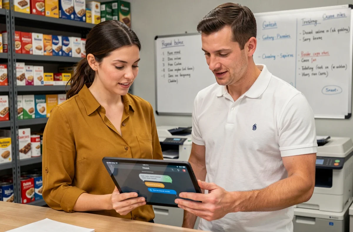 Deux employés d'une petite entreprise consultant ensemble une notification de livechat sur une tablette dans un bureau arrière commercial