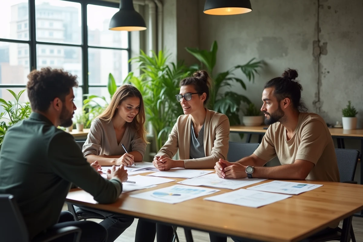 Équipe de professionnels diversifiés analysant des rapports RSE autour d'une table de réunion moderne dans un bureau contemporain