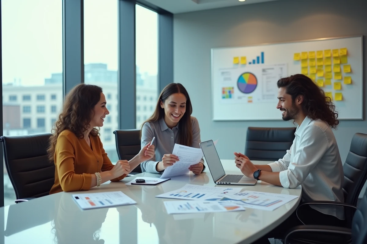 Équipe de professionnels en réunion stratégique analysant des rapports CRM pour améliorer la gestion de la relation client