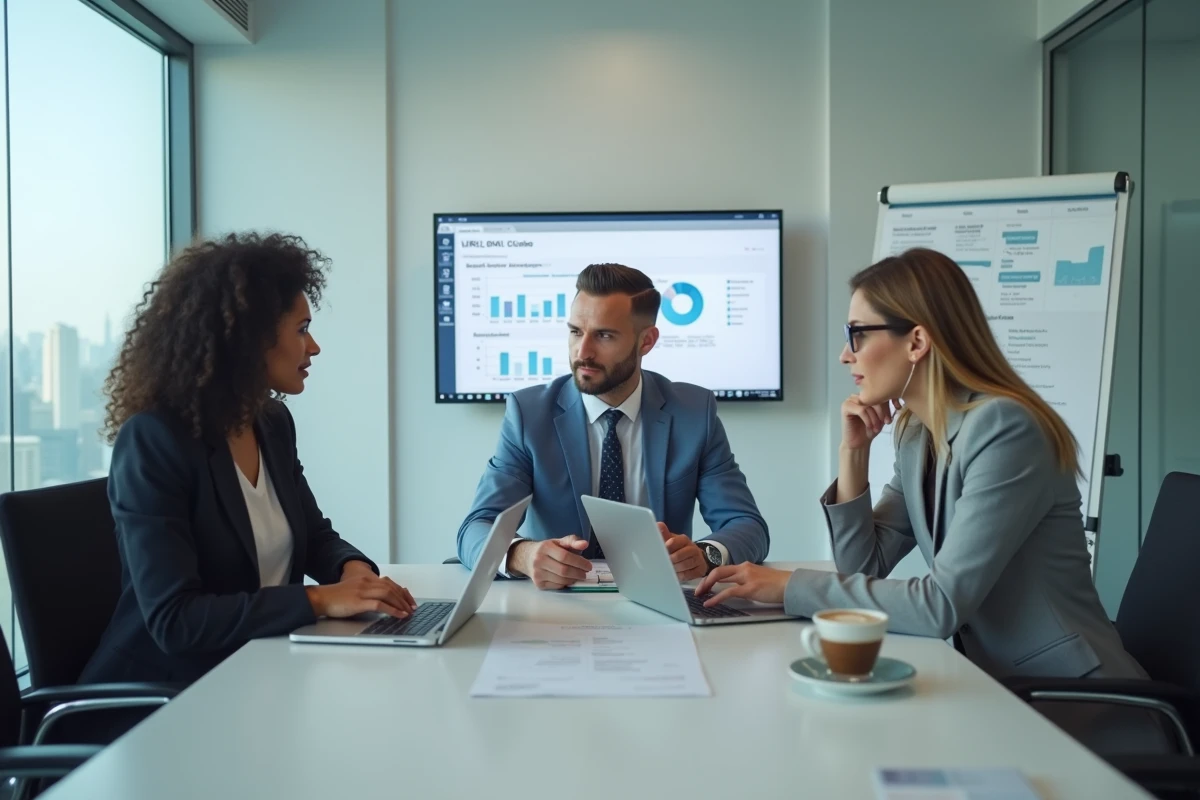 Équipe RH collaborant sur un logiciel SIRH SaaS en remplacement d'Excel lors d'une réunion en salle de conférence