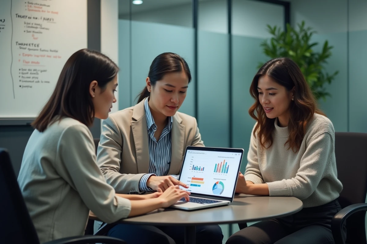 Équipe RH réunie autour d'un ordinateur pour interpréter les résultats de tests de recrutement