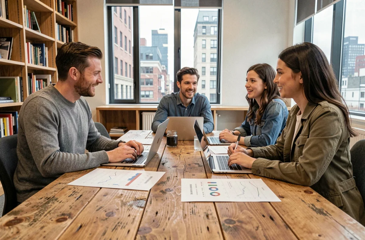 Équipe de start-up en réunion de travail autour d'un business model dans un incubateur à Nantes en 2026