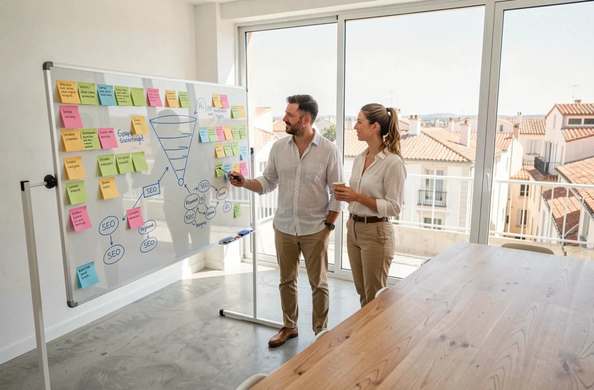 Équipe d'une agence digitale à Montpellier collaborant sur une stratégie d'acquisition client autour d'un tableau blanc