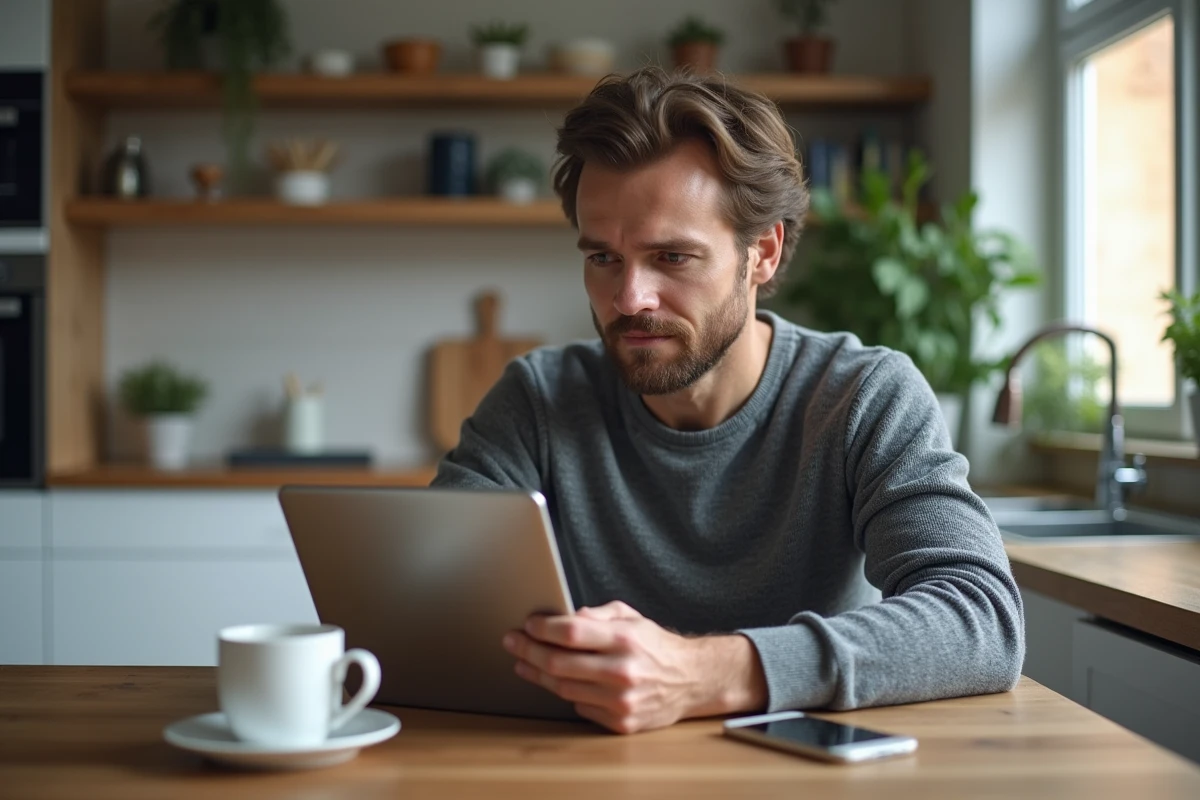 Homme consultant une page d'erreur de connexion sur l'application ALIS BNP Paribas depuis son domicile