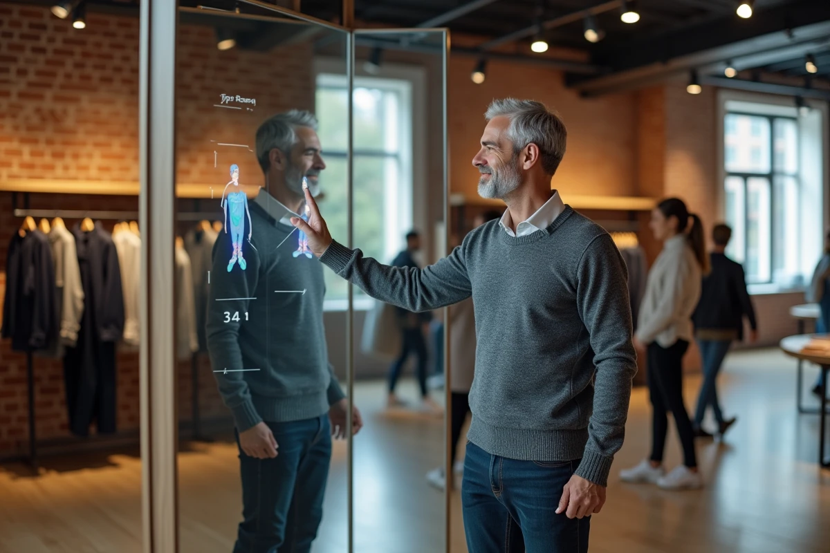 Homme essayant des vêtements via un miroir à réalité augmentée dans un magasin concept urbain