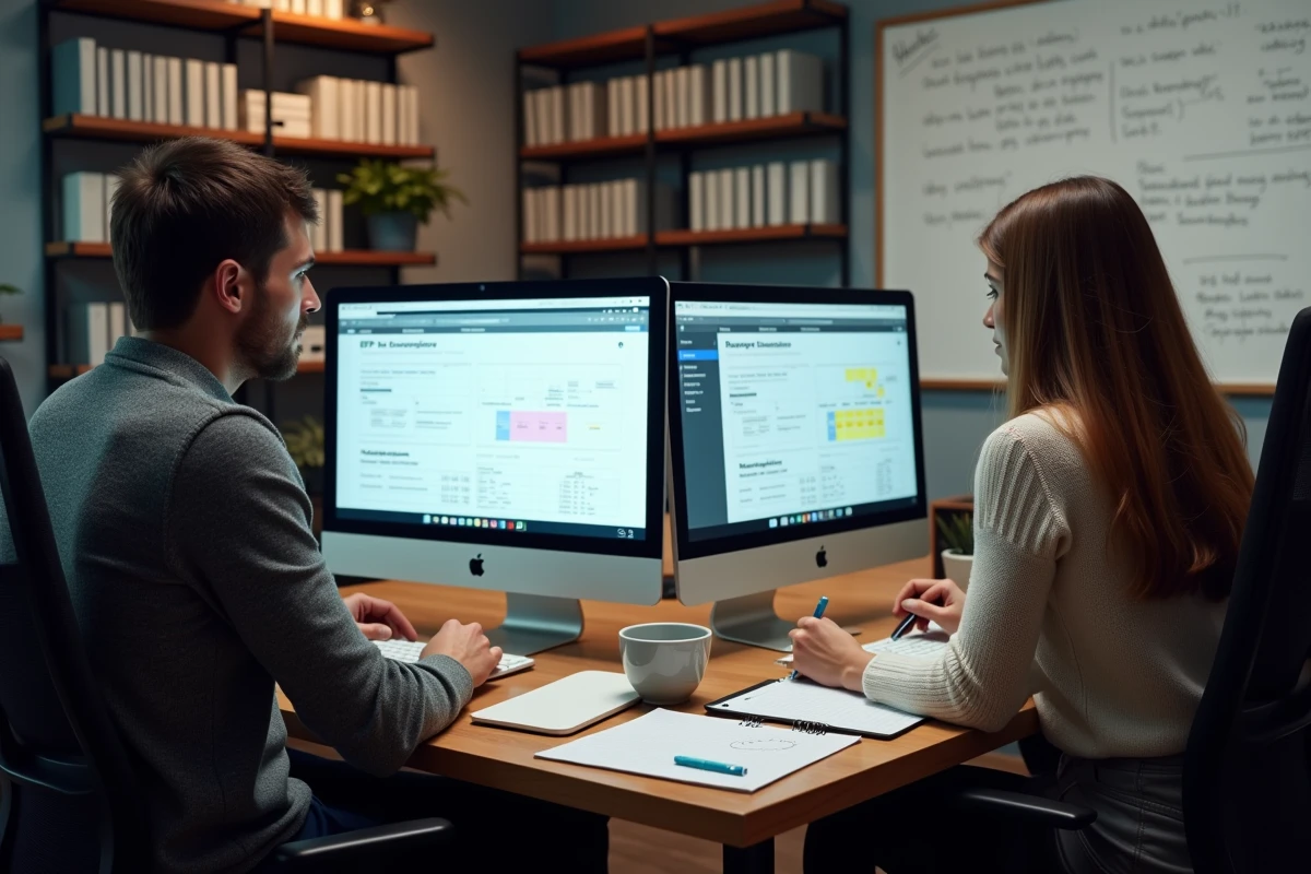 Deux collaborateurs évaluant des offres ERP sur ordinateur dans un bureau avec des critères de sélection au tableau