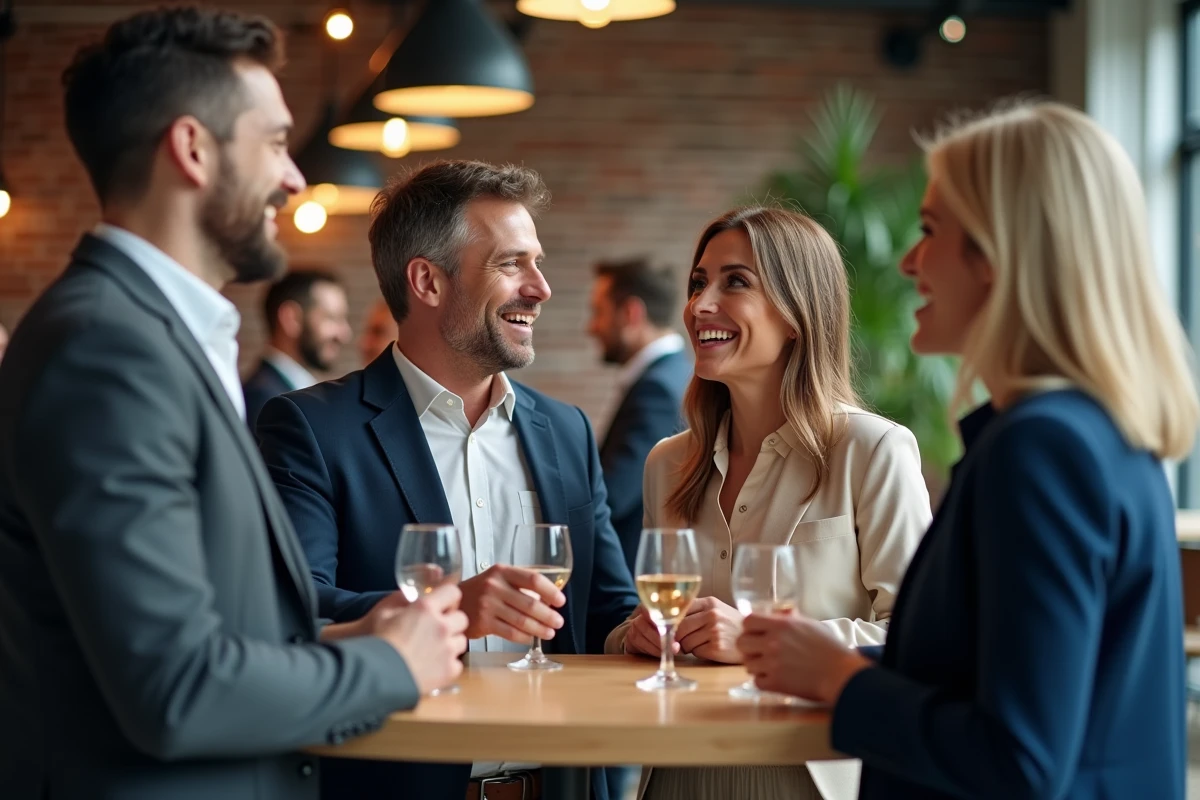 Groupe de professionnels échangeant lors d'un événement de networking B2B dans un espace coworking moderne