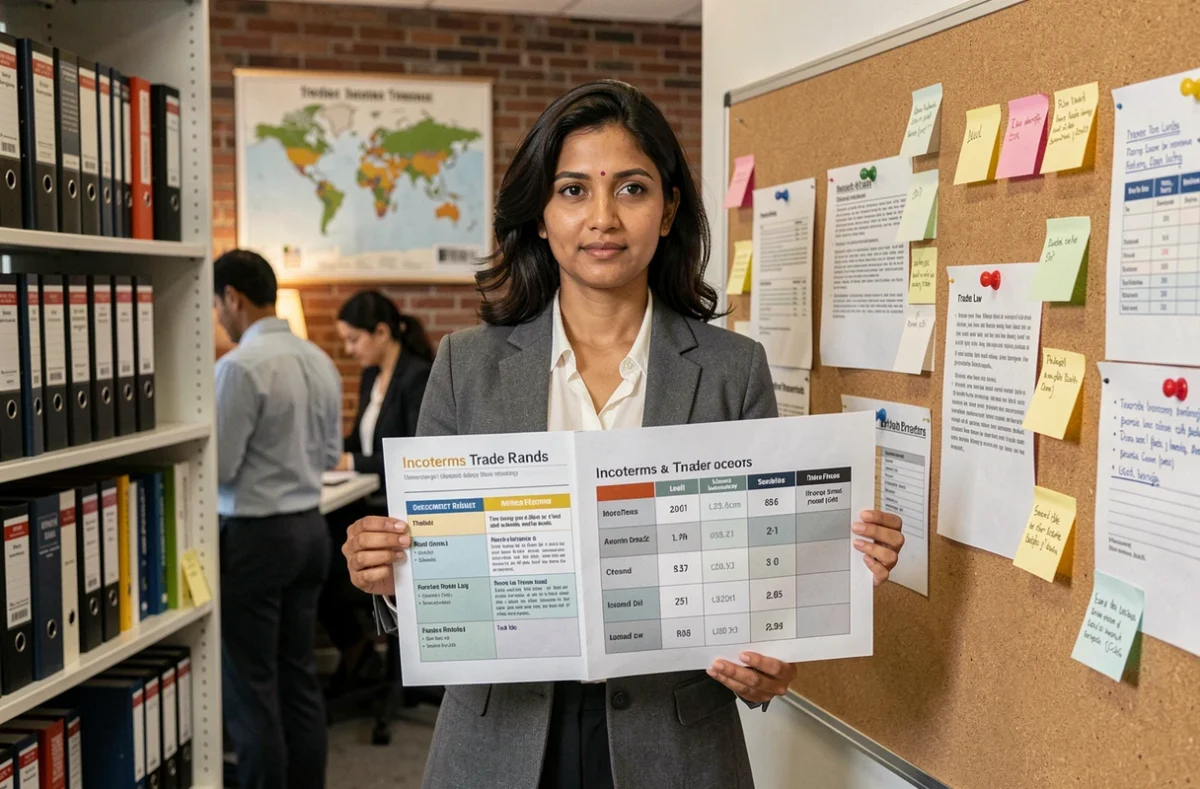 Femme experte en commerce international comparant les référentiels Incoterms dans un bureau spécialisé en droit du commerce
