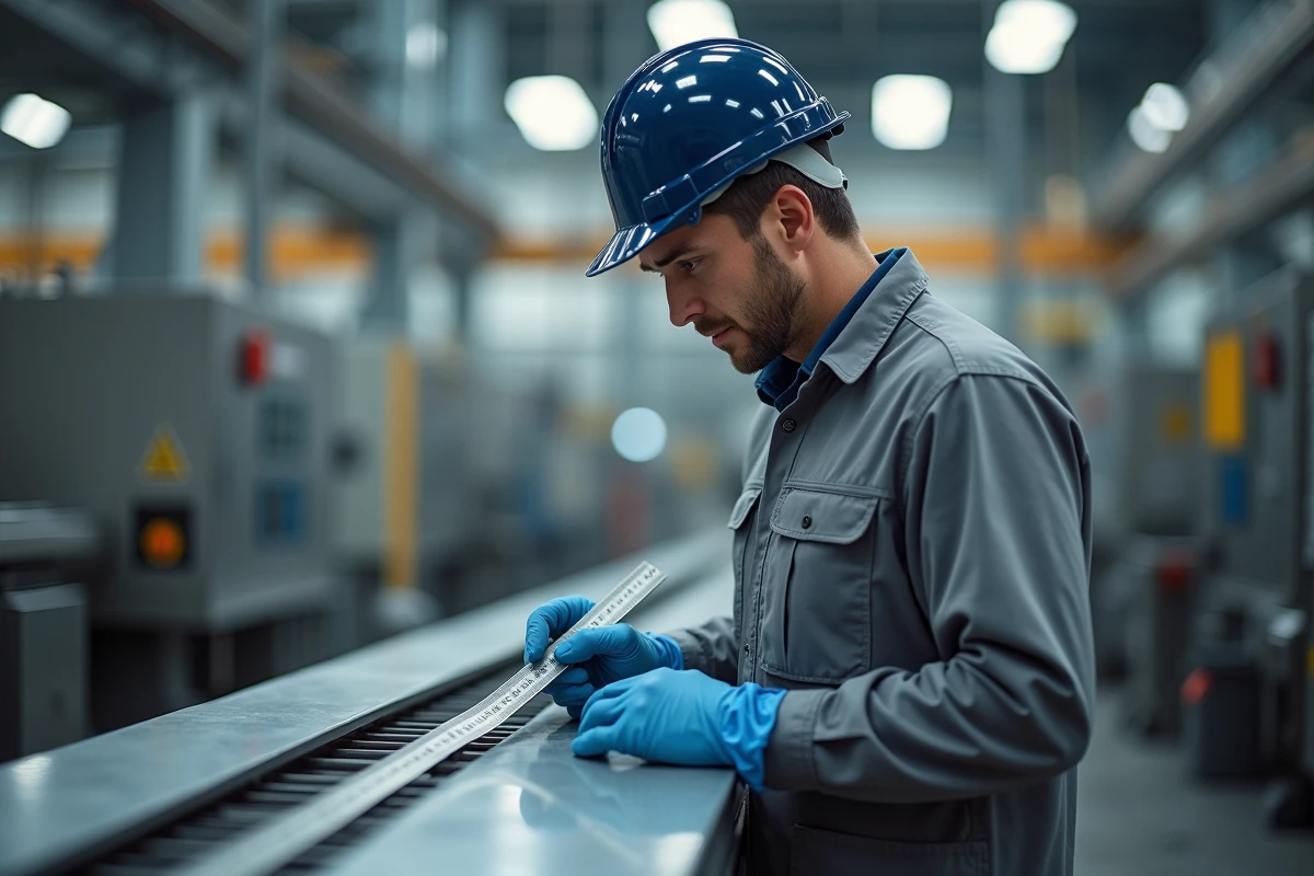 Ingénieur industriel inspectant une règle en aluminium sur une ligne de production en usine