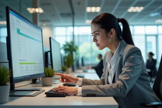 Femme professionnelle analysant les erreurs d'interface d'un portail métier sur un écran d'ordinateur en open space