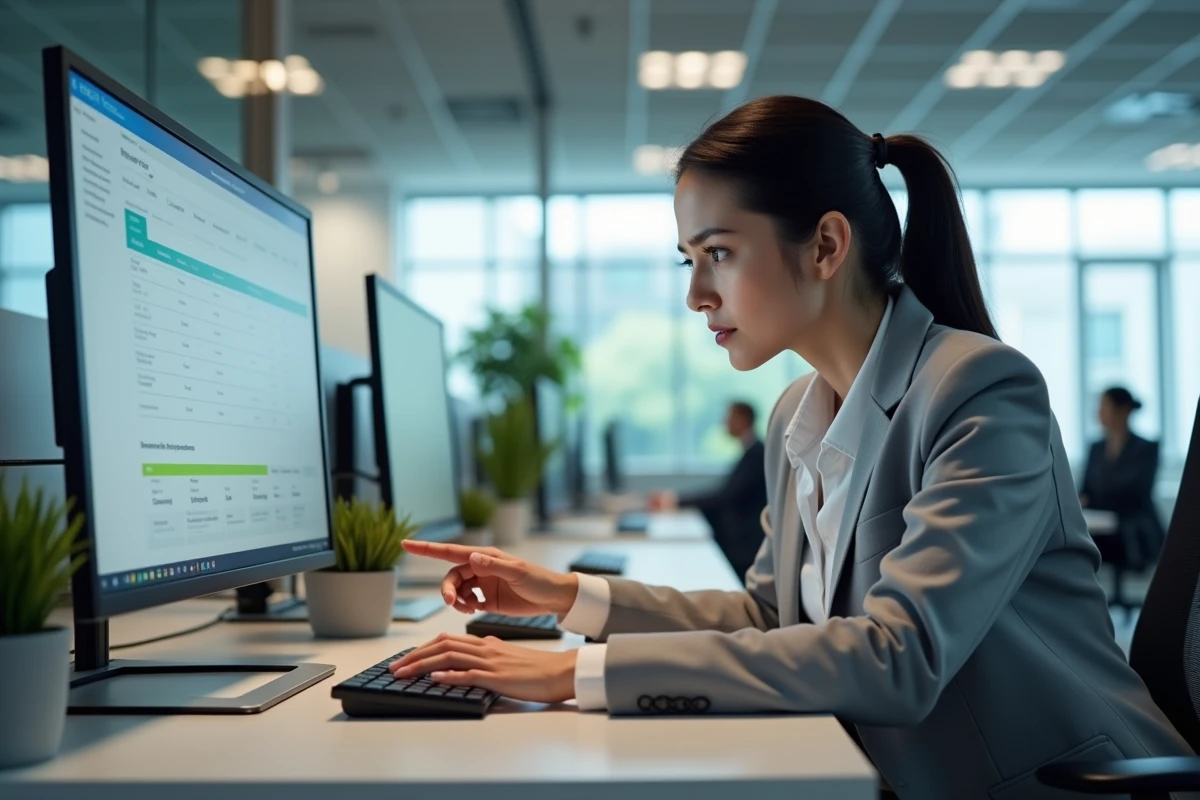 Femme professionnelle analysant les erreurs d'interface d'un portail métier sur un écran d'ordinateur en open space