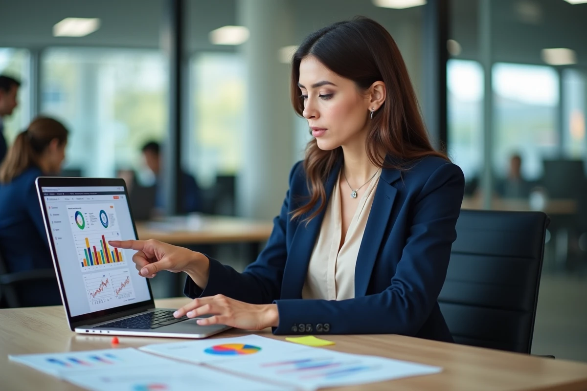 Femme analyste marketing examinant des tableaux de bord KPI sur un ordinateur portable dans un bureau moderne