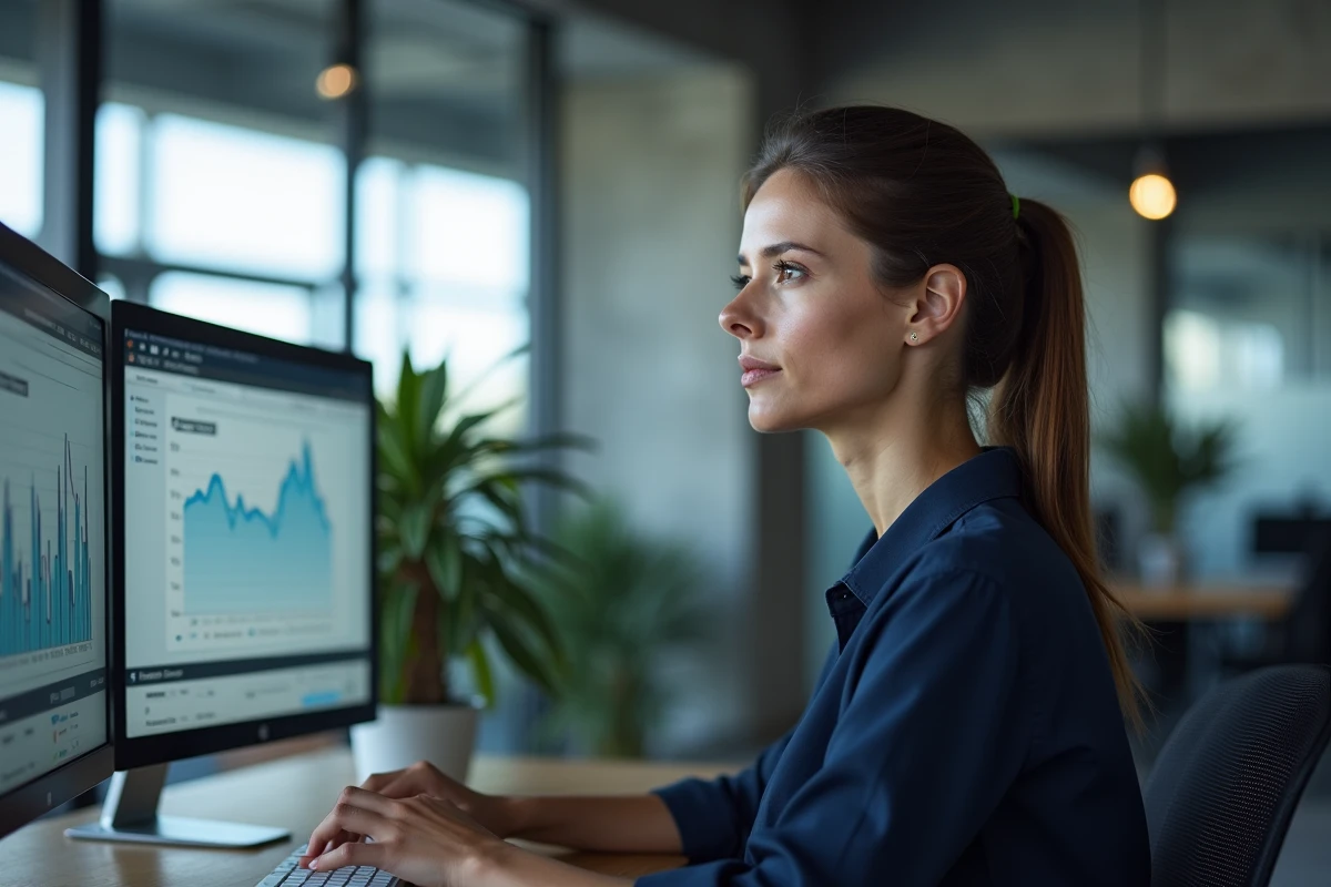 Femme analyste en marketing numérique comparant deux variantes de test A/B sur des écrans de bureau dans un bureau moderne