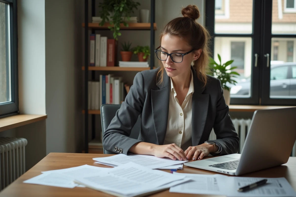 Femme auto-entrepreneur travaillant sur des documents administratifs dans un bureau à domicile moderne