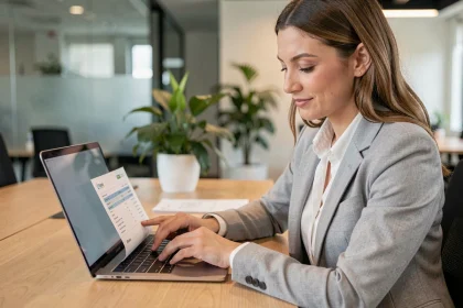 Femme professionnelle consultant ses bulletins de paie en ligne sur un ordinateur portable dans un bureau moderne