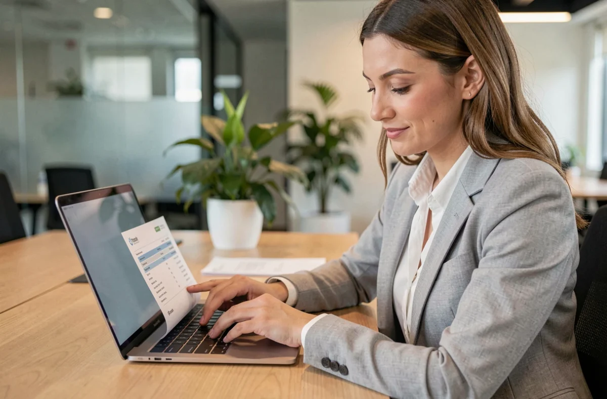 Femme professionnelle consultant ses bulletins de paie en ligne sur un ordinateur portable dans un bureau moderne