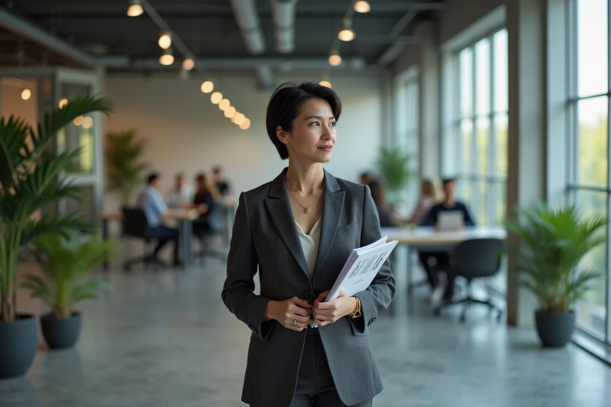 Femme business angel observant une startup à impact social depuis une paroi vitrée, alliant profit et engagement sociétal