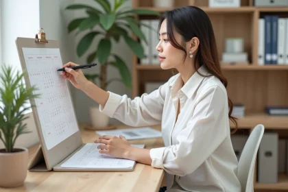 Femme professionnelle calculant ses jours de travail sur un calendrier mural dans un bureau moderne