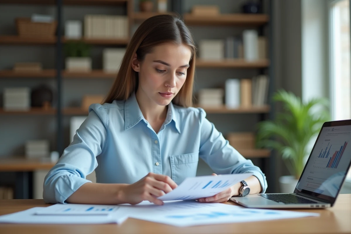 Femme comptable en début de carrière analysant des feuilles de calcul financières sur un bureau en bois dans un bureau moderne