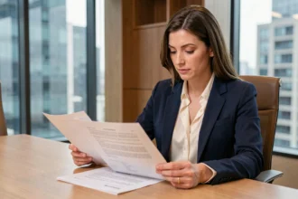 Femme professionnelle en blazer marine relisant attentivement un contrat d'égérie dans une salle de réunion moderne
