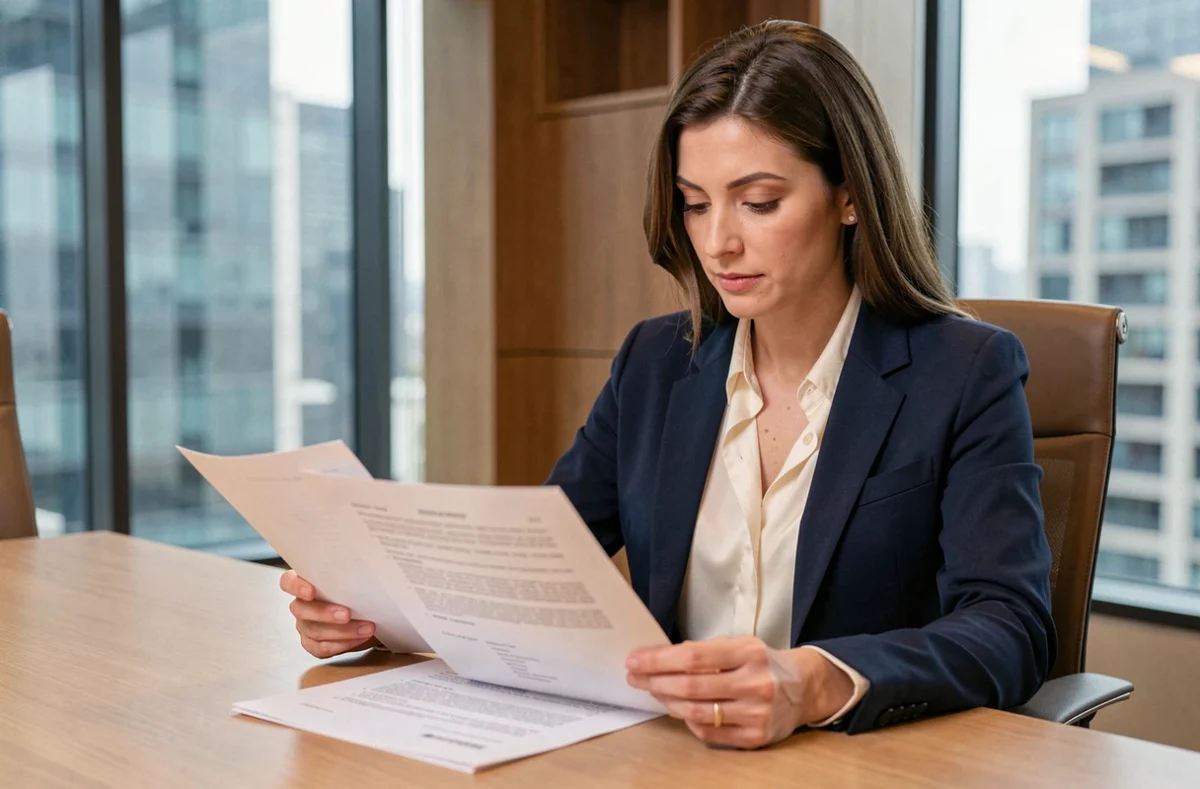 Femme professionnelle en blazer marine relisant attentivement un contrat d'égérie dans une salle de réunion moderne