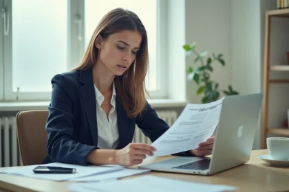 Femme consultant des documents administratifs liés à la fin de CDD et aux droits au chômage dans un bureau professionnel