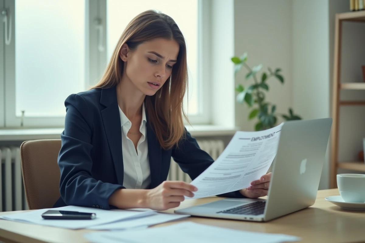 Femme consultant des documents administratifs liés à la fin de CDD et aux droits au chômage dans un bureau professionnel